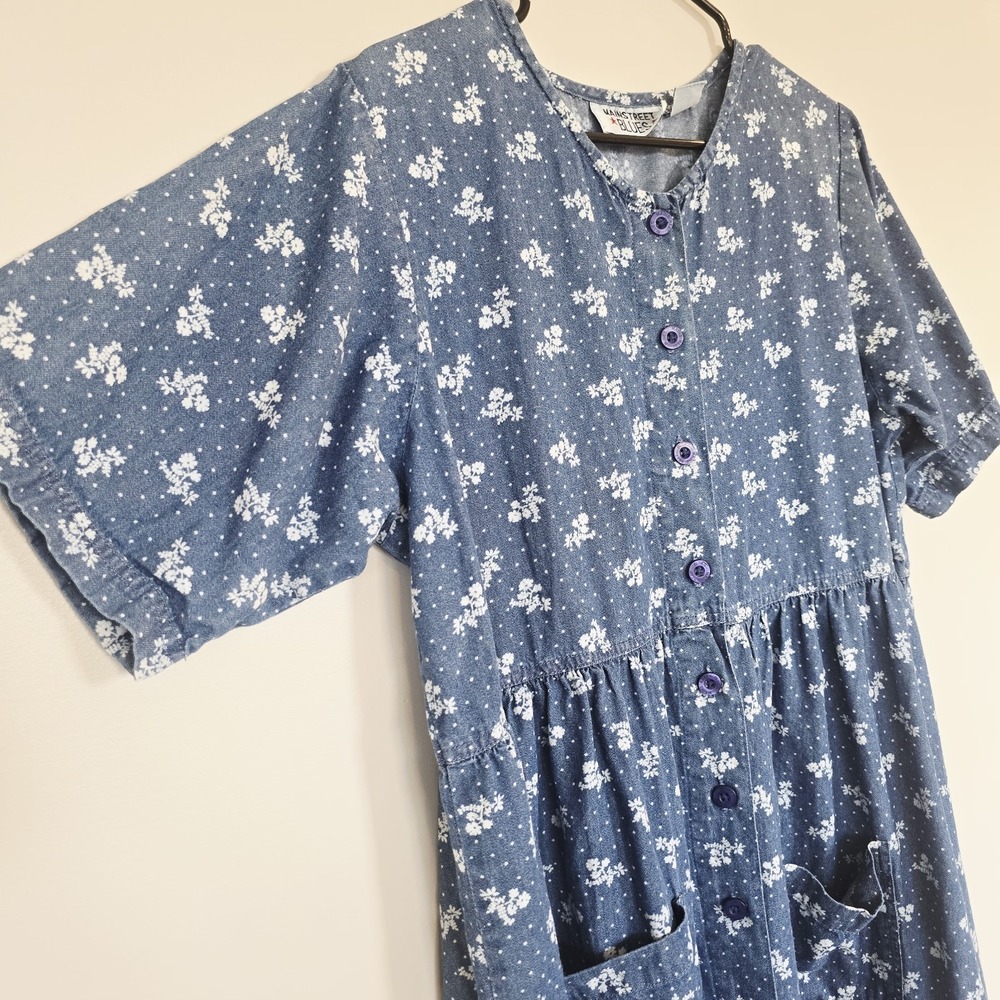 Vtg MAINSTREET BLUES Florals Denim Blue Jean Button Dress Pockets Women 16W.E39 - Picture 3 of 11